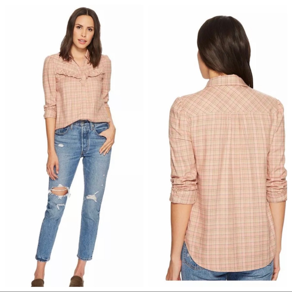 Paige plaid kamie dessert sunrise pink button up ruffle flannel shirt